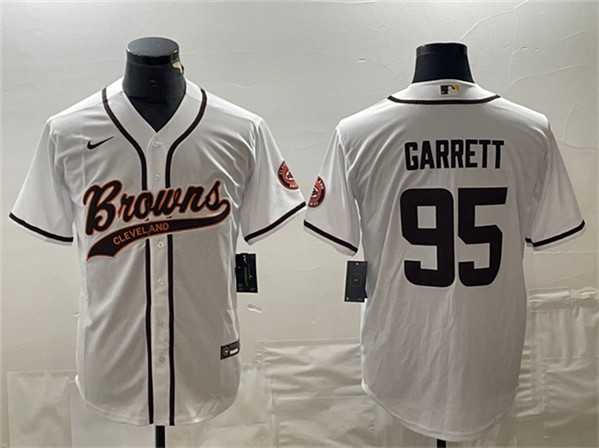 Men%27s Cleveland Browns #95 Myles Garrett White With Patch Cool Base Stitched Baseball Jersey